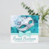 ティール（緑がかった色）ブルーマスカレードパーティー 招待状 (スタンド正面)