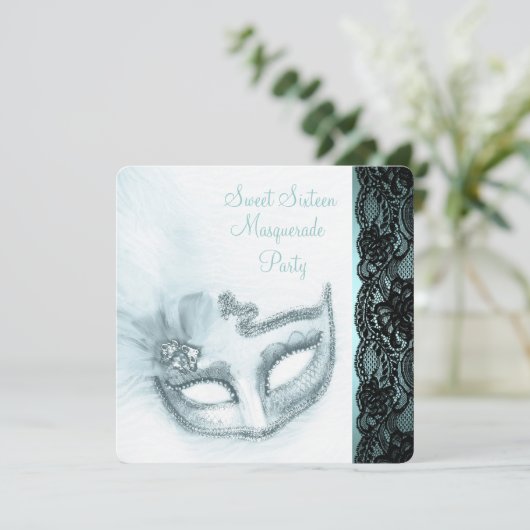 ティール(緑がかった色)ブルーマスカレードパーティー 招待状 (スタンド正面)