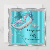 ティール（緑がかった色）ブルーマスカレードマスクキンセアニェラパーティー 招待状 (正面)