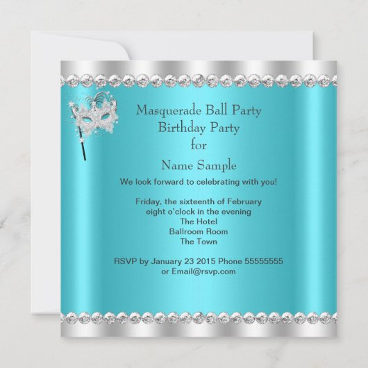 ティール（緑がかった色）ブルーマスカレードマスクハイヒール誕生日パーティー 招待状 (裏面)