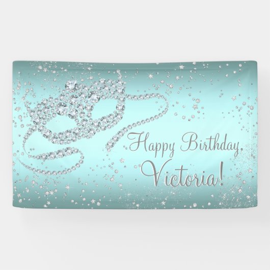 ティール(緑がかった色)ブルーマスカレード誕生日パーティー 横断幕 (横)