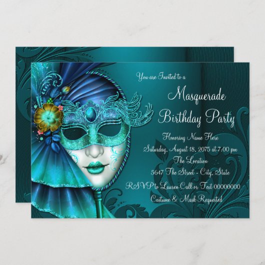ティール(緑がかった色)ブルーマスクマスカレードパーティー 招待状 (正面/裏面)