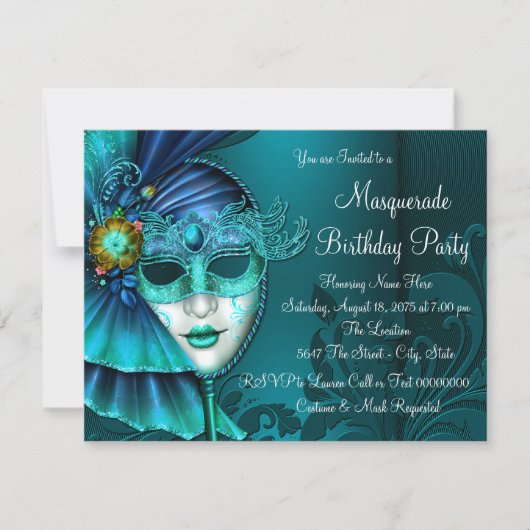 ティール（緑がかった色）ブルーマスクマスカレードパーティー 招待状 (正面)