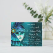 ティール（緑がかった色）ブルーマスクマスカレードパーティー 招待状 (スタンド正面)