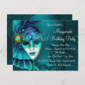 ティール（緑がかった色）ブルーマスクマスカレードパーティー 招待状 (正面/裏面)