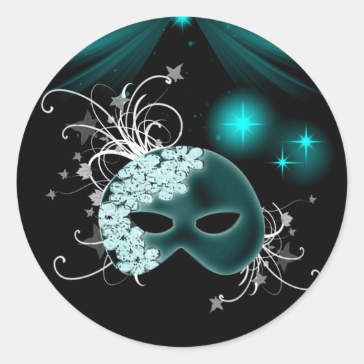 ティール(緑がかった色)ブルーマルディグラスマスク封筒用シールシール ラウンドシール (正面)