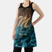 ティール（緑がかった色）ブルーマーブルグリッターモノグラムパーソナライズされた エプロン (インサイチュ)