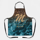 ティール（緑がかった色）ブルーマーブルグリッターモノグラムパーソナライズされた エプロン (正面)
