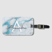 ティール(緑がかった色)ブルーマーブルモノグラム名とイニシャル ラゲッジタグ (正面横)