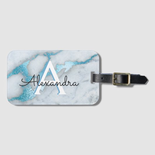 ティール(緑がかった色)ブルーマーブルモノグラム名とイニシャル ラゲッジタグ (正面横)