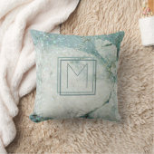 ティール(緑がかった色)ブルーマーブル抽象芸術モノグラムフレーム クッション (ブランケット)