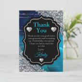 ティール(緑がかった色)ブルーマーメイドレターズシルバーグリッターサンキュー サンキューカード (スタンド正面)