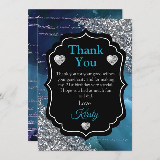 ティール（緑がかった色）ブルーマーメイドレターズシルバーグリッターサンキュー サンキューカード (正面/裏面)