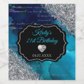 ティール（緑がかった色）ブルーマーメイドレターズシルバーグリッター誕生日 ワインラベル (シングルラベル)