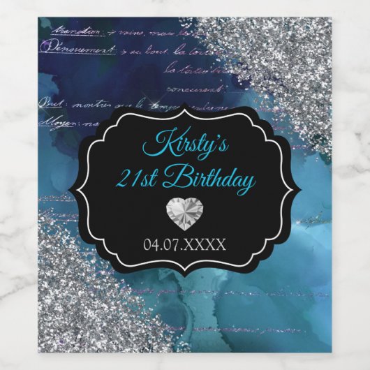 ティール(緑がかった色)ブルーマーメイドレターズシルバーグリッター誕生日 ワインラベル (シングルラベル)