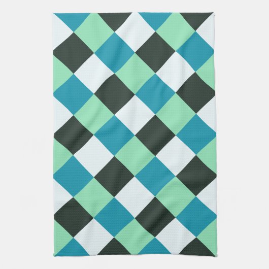 ティール(緑がかった色)ブルーミントグリーンコールホワイトプレイド キッチンタオル (縦)