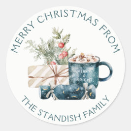 ティール（緑がかった色）ブルーメリークリスマスホットチョコレート食品 ラウンドシール