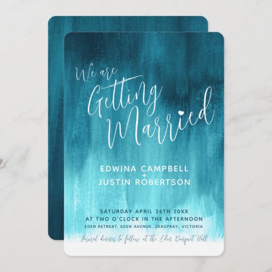 ティール(緑がかった色)ブルーモダンア絵を描ル結婚式 招待状 (正面/裏面)