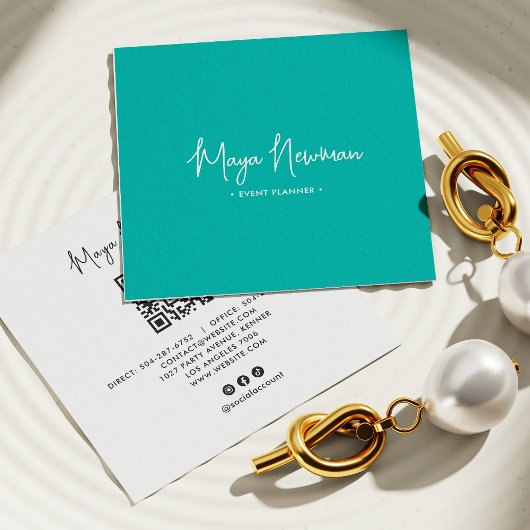 ティール（緑がかった色）ブルーモダンシックミニマルQRコード スクエア名刺