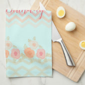 ティール（緑がかった色）ブルーモダンフローラデザイン キッチンタオル (四つ折り)