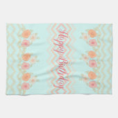 ティール（緑がかった色）ブルーモダンフローラデザイン キッチンタオル (横)