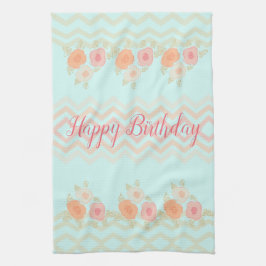 ティール（緑がかった色）ブルーモダンフローラデザイン キッチンタオル