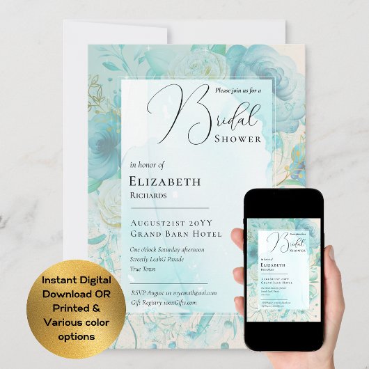 ティール（緑がかった色）ブルーモダンブライダルシャワープリントまたはデジタルイン 招待状
