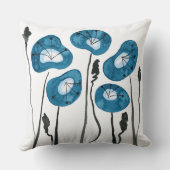 ティール(緑がかった色)ブルーモダンポピー絵を描ズ クッション (裏面)