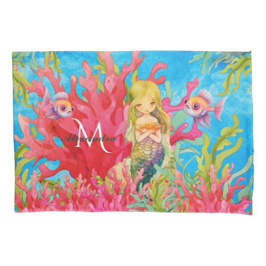 ティール(緑がかった色)ブルーモノグラムネームマーメイド 枕カバー (正面)