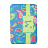 ティール(緑がかった色)ブルーモノグラムモダンペイズリーパターン バスマット (正面縦)