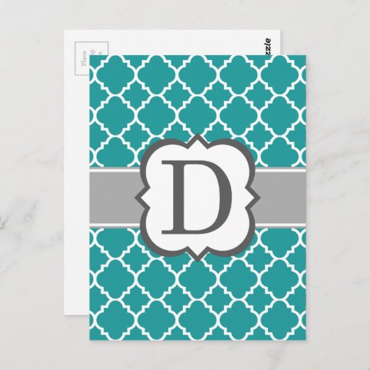 ティール(緑がかった色)ブルーモノグラムレターDクローバー ポストカード (正面/裏面)