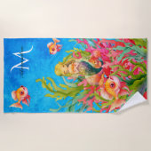 ティール（緑がかった色）ブルーモノグラム名マーメイドビーチタオル ビーチタオル (正面)