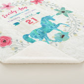 ティール（緑がかった色）ブルーユニコーンベビーガール誕生統計ウォーターカラー シェルパブランケット (3/4)