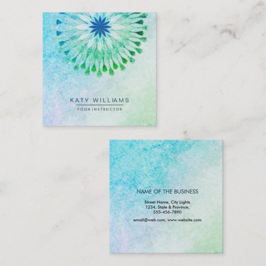 ティール(緑がかった色)ブルーヨガインストラクターロータスウォーターカラービーチ スクエア名刺 (正面/裏面)