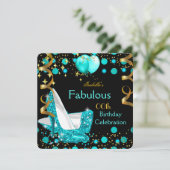 ティール（緑がかった色）ブルーライトハイヒール金ゴールド誕生日パーティー 招待状 (スタンド正面)