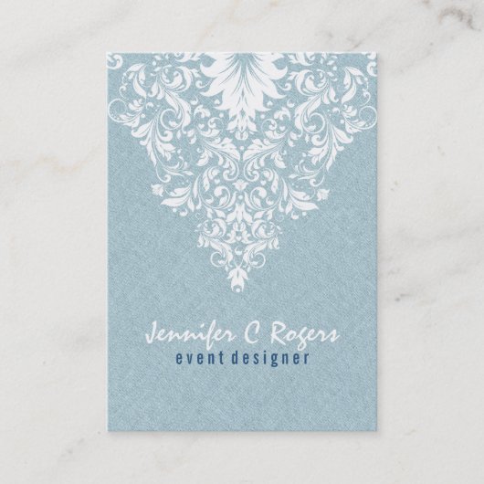 ティール(緑がかった色)ブルーリネンテクスチャホワイトフローラレース 名刺 (正面)