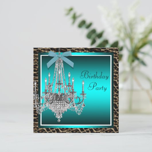 ティール(緑がかった色)ブルーレオパードシャンデリアバースデーパーティー 招待状 (スタンド正面)