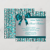 ティール(緑がかった色)ブルーレオパードスウィート16バースデーパーティー 招待状 (正面/裏面)