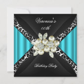 ティール(緑がかった色)ブルーレオパードパールダイヤモンドバースデーパーティー 招待状 (正面)