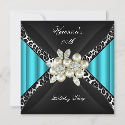 ティール(緑がかった色)ブルーレオパードパールダイヤモンドバースデーパーティー 招待状 (正面)