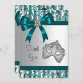 ティール(緑がかった色)ブルーレオパードマスカレードパーティーサンキューカード サンキューカード (正面/裏面)