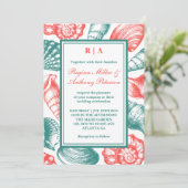 ティール（緑がかった色）ブルーレッドシーシェルビーチ結婚式招待状 招待状 (スタンド正面)