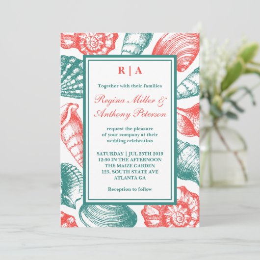 ティール(緑がかった色)ブルーレッドシーシェルビーチ結婚式招待状 招待状 (スタンド正面)