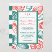 ティール（緑がかった色）ブルーレッドシーシェルビーチ結婚式招待状 招待状 (正面/裏面)