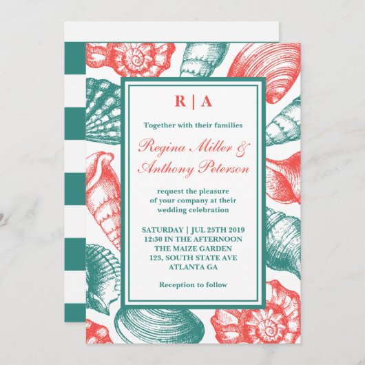 ティール（緑がかった色）ブルーレッドシーシェルビーチ結婚式招待状 招待状 (正面/裏面)