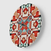 ティール（緑がかった色）ブルーレッドラストテラコッタトライバルアートパターン ラージ壁時計 (傾斜)