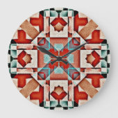 ティール（緑がかった色）ブルーレッドラストテラコッタトライバルアートパターン ラージ壁時計 (正面)