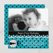 ティール（緑がかった色）ブルーレディバグガールズ写真1st誕生日パーティー 招待状 (正面/裏面)
