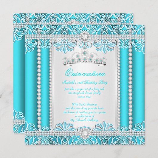 ティール（緑がかった色）ブルーレースプリンセスキンセアニェラダイヤモンド 招待状 (正面/裏面)