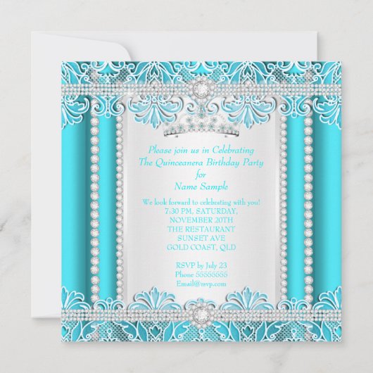 ティール（緑がかった色）ブルーレースプリンセスキンセアニェラダイヤモンド 招待状 (裏面)